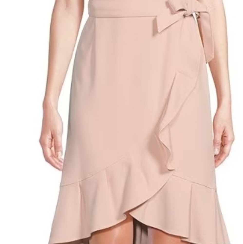 CALVIN KLEIN Boat Neck Short Sleeve Belted Ruffle  Dress